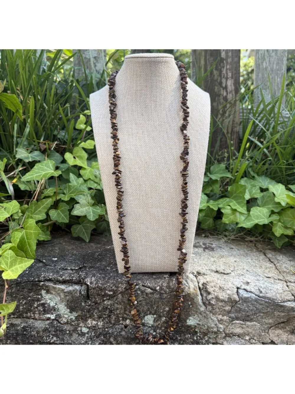 Boho Natural Stone Chip Necklace Bundle Tiger's Eye Unakite Moss Agate Long 32